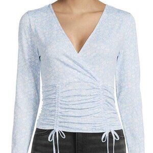 NWT No Boundaires Womens Floral Rusched Front Long Sleeve Blue White Top Medium